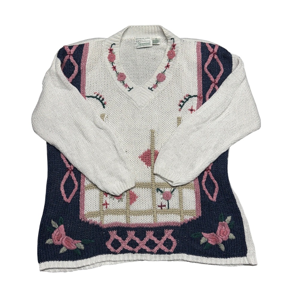 Vintage Extra Shenanigans Hand Knitted Floral V-Neck Sweater White Navy Pink 20